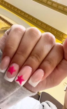 cute frenchtip pink star aesthetic pink star summer nails spring beachy starfish Super Cute Nail Ideas, Nail Designs For Florida, Nail Ideas Basic Colors, How To Make A Star On Nails, Square Cute Nails, Cute Nail Ideas Square Short, Nail Inspo Diy, Short Acrylic Nails Easy, Simple Nails With Small Design