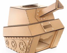 an open cardboard box shaped like a tank