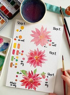 someone is painting flowers with watercolors on paper