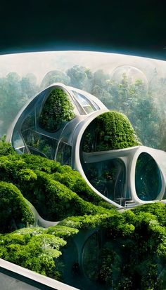 the futuristic building is surrounded by lush green trees and bushes, as if it were floating on water