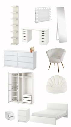 white furniture and accessories are arranged on a white background, including a bed, dresser, mirror, chair, table, shelves, drawers, and other items