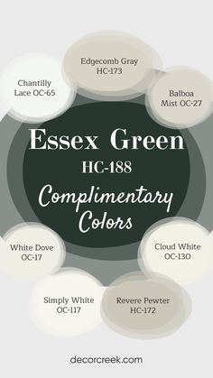 This pin highlights complementary colors for Essex Green HC-188 by Benjamin Moore, a bold and timeless green. Chantilly Lace, Simply White, and Cloud White provide clean, bright accents, while Balboa Mist, Edgecomb Gray, and Revere Pewter offer soft, warm tones for balance. White Dove adds a gentle, inviting warmth, completing a harmonious and elegant color palette. Benjamin Moore Essex Green, Essex Green, Balboa Mist, Edgecomb Gray, Benjamin Moore White, Trim Colors, Revere Pewter, White Dove, Green Colour Palette