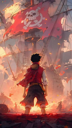 an anime character standing in front of a pirate ship with red flags flying from it