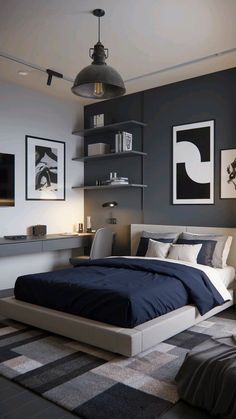 a modern bedroom with gray walls and carpeted flooring is pictured in this image