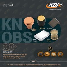 an advertisement for knobs and doors featuring different types of knobs, including one with the