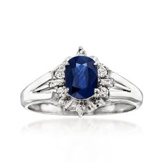 Ross-Simons - C. 1990 Vintage .94ct Sapphire Ring, .11ct t. w. Diamonds. Size 6.75. C. 1990. Sapphires and diamonds are a duo worth dreaming about! Make that dream come true with our Estate collection ring, filled with timeless sophistication and enduring charm. At the center, a .94 carat oval sapphire exudes rich velvety color from inside a bright border of .11 ct. t. w. baguette and round brilliant-cut diamonds. Finely crafted in polished platinum. 3/8" wide. Diamond and sapphire ring. Exclusi Diamond And Sapphire Ring, Vintage Sapphire Ring, Sapphire Birthstone, September Birthday, Vintage Diamond, Round Brilliant Cut Diamond, Estate Jewelry, Round Brilliant, Sapphire Ring