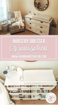 nursery dresser organization with the words nursery dresser organization on it in front of a baby's crib