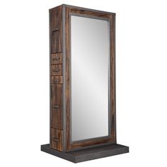 a tall wooden mirror with drawers on the bottom and one door open to reveal an empty space