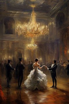 a painting of a couple dancing in an old fashion ballroom with chandelier overhead