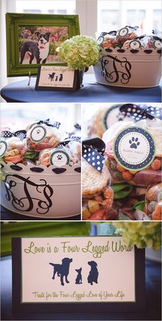 there are pictures of dogs and food on the table with name tags in them for guests to eat