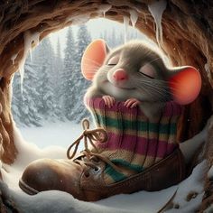 a rat in a sweater and boots is sitting in the snow with its eyes closed