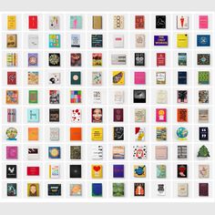 many different types of books are arranged on a white surface with squares in the middle