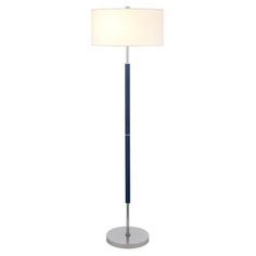 a floor lamp with a white shade on it's base and a blue metal pole