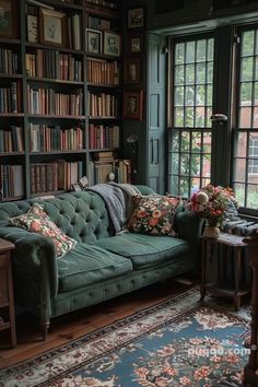 a living room filled with furniture and bookshelves full of lots of bookcases