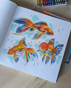 an open book with drawings of goldfish on it and colored pencils next to it