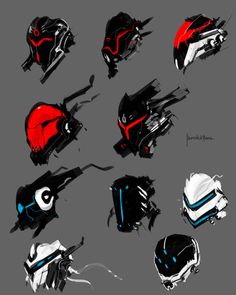 several different types of helmets on a gray background