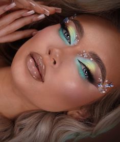 Multi Chrome Eyeshadow, Ocean Themed Makeup, Mermaid Face Makeup, Coloured Makeup, Rhinestone Eye Makeup, Ocean Makeup, Mermaid Eye Makeup, Fire Makeup, Rainbow Eye Makeup