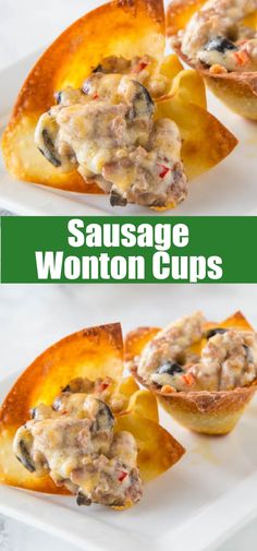 sausage wonton cups on a white plate with text overlay that reads sausage wonton cups