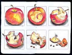 four different pictures of apples cut in half