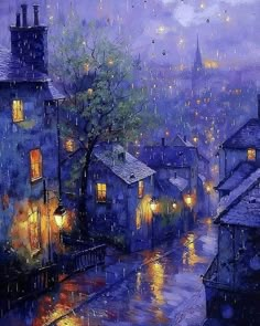 an oil painting of a rainy night in the city