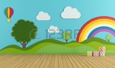 an empty room with wooden floor and colorful wallpaper on the walls, there is a rainbow