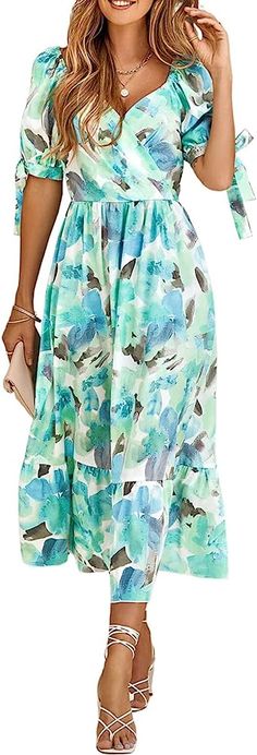 Amazon.com: BLENCOT Women’s Summer Floral Print Maxi Sexy Dress Deep V Neck Short Sleeve Beach Long Dresses Green S : Clothing, Shoes & Jewelry Gown Silhouette, Billowy Sleeves, Painting Floral, Short Sleeve Maxi Dresses, Tie Bow, Turquoise Green, Vestido Casual, Flowy Skirt, Printed Midi Dress