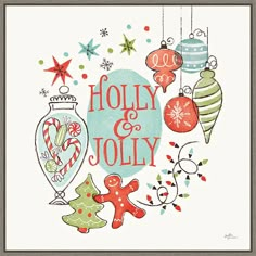 holly and jolly christmas card with ornaments