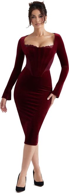 HOUSE OF CB Lace Trim Long Sleeve Velvet Midi Dress | Nordstrom Celebrity Christmas, Long Sleeve Corset, Vintage Velvet Dress, Midi Dress Chic, Velvet Corset, Burgundy Midi Dress, Red Midi, Fall Winter Dresses, Dress Stand