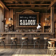 an old fashioned saloon bar with stools