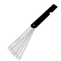 a black and white measuring ruler with four blades on the bottom, one is empty