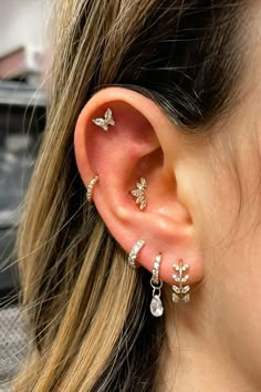 a close up of a person with ear piercings on their left and right ears