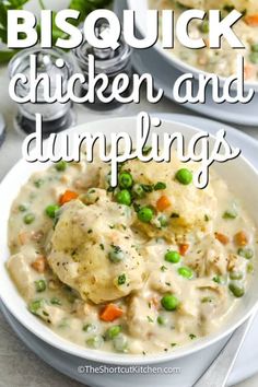 two bowls filled with chicken and dumplings on top of a white plate next to silverware