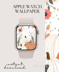 an apple watch wallpaper with pumpkins and flowers on the front, along with text that reads apple watch wallpaper