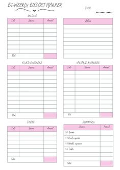 the printable wedding budget planner is shown in pink and white, with black lettering