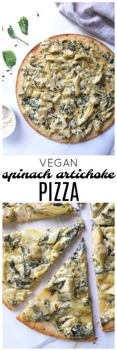 vegan spinach and artichoke pizza on a white plate with text overlay