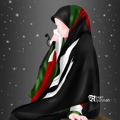 a digital painting of a person wearing a black, white and green scarf with the flag of united arab emirates