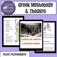 the greek mythology and theatre worksheet is shown in three different colors, including purple