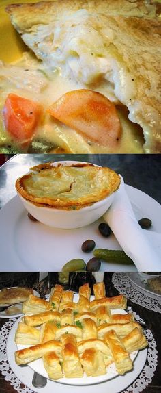 there are two pictures with different food items in the same photo, and one has an omelet on it