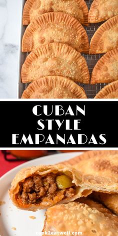 an empanada is cut in half and served on a white plate with the words cuban beef empanadas