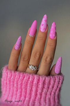 25 Pink Valentines Day Nails To Swoon Over! Shades Of Pink Nails, Barbie Pink Nails, Cute Pink Nails, Pink Gel Nails, Hot Pink Nails, Long Nail Designs, Valentines Day Nails