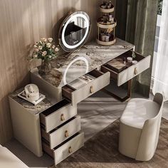 a desk with drawers and a mirror on it