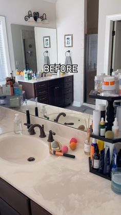 a bathroom sink with lots of personal care items on the counter and in front of it is a large mirror that says before