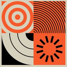 an orange and black poster with circles on it