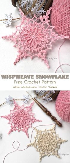 some crochet snowflakes are laying on top of each other and the words, wiseweave snowflake