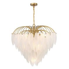 a chandelier with white feathers hanging from it's golden metal frame and chain