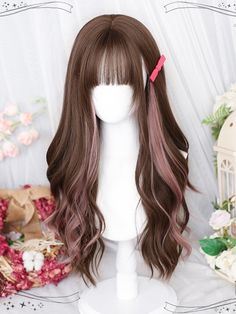 Get the perfect blend of sophistication and cuteness with our brown and pink highlight long wig. This beautifully crafted wig features a unique highlight color combination of brown and pink, giving you a trendy and eye-catching look. The long wavy style adds a touch of elegance, while the air bangs frame your face delicately. Whether you're going for a Lolita or Kawaii style, this wig is a must-have accessory to complete your look.   Please note that this product includes only the wig. Pink And Brown Hair Wigs, Colorful Highlights In Brown Hair, Brown And Pink Hair, Hair Color Swatches, Cool Hair Designs, Kawaii Wigs, Air Bangs, Highlight Color, Wavy Style