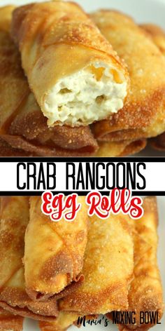 crab rangoons with egg rolls in the middle on a white plate and text overlay that reads crab rangons egg rolls