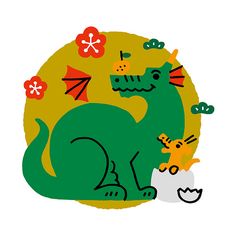 a green dinosaur with an orange cat on it's back sitting in front of a yellow background