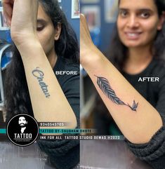 the before and after photos of a woman's arm with an arrow tattoo on it