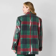 From the Johnny Wujek for JCPenney limited-time collection, the plaid pattern of this junior's plus suit jacket seamlessly fuses holiday elegance with statement glamour. Embellished with sparkling sequins, this oversized blazer is made from woven stretch fabric with snap-button single-breasted front, notch lapels, and side flap pockets. It pairs perfectly with corset-style tank and plaid mini skirt or style it over a mini dress from the exclusive assortment.Front Style: Single BreastedFeatures:… Plaid Mini Skirt, Oversized Blazer, Corset Style, Green Jacket, Plaid Pattern, Snap Button, Suit Jackets, Single Breasted, Stretch Fabric